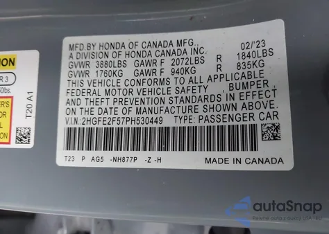 2023 Honda Civic Sport из США, поврежденный, VIN 2HGFE2F57PH530449